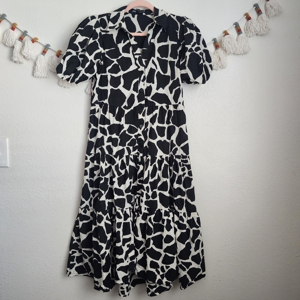Zara Cow Print Ecru Tiered Boho Button Down Flowy Midi Dress Blogger Favorite XS